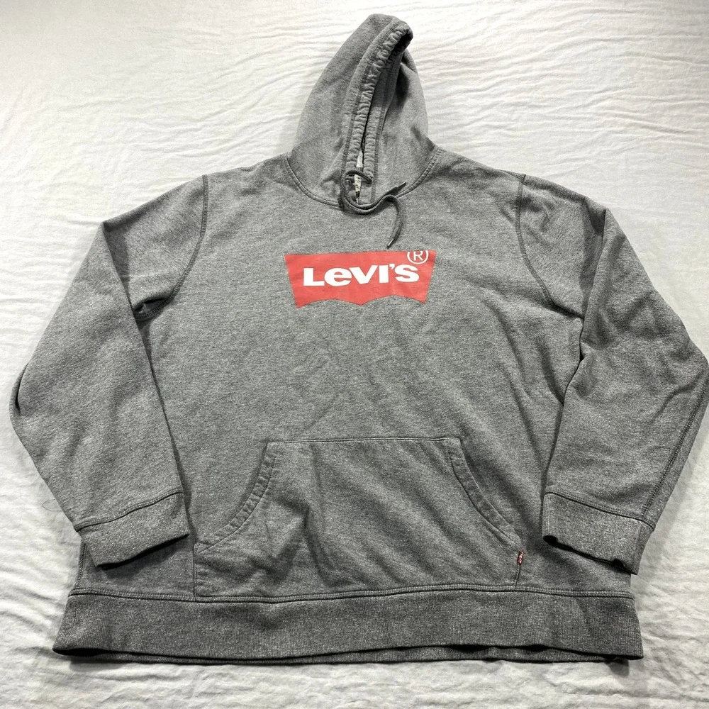 Levis Hoodie Mens XXL 2XL Gray Red White Pullover‎ Spell Out Sweatshirt Fleece